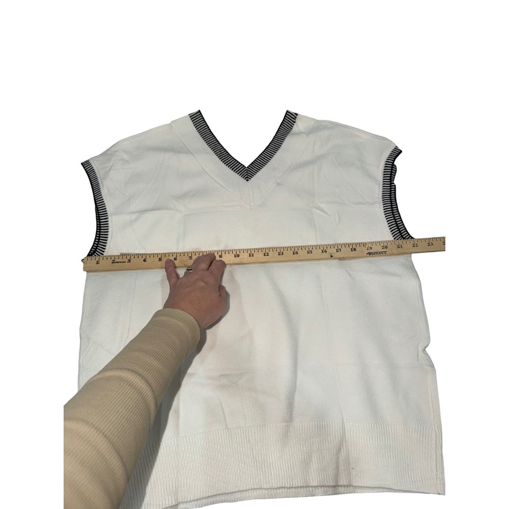 DOKOTOO White V Neck Knit Vest Sweater Sleeveless Striped Trim - Picture 3 of 8